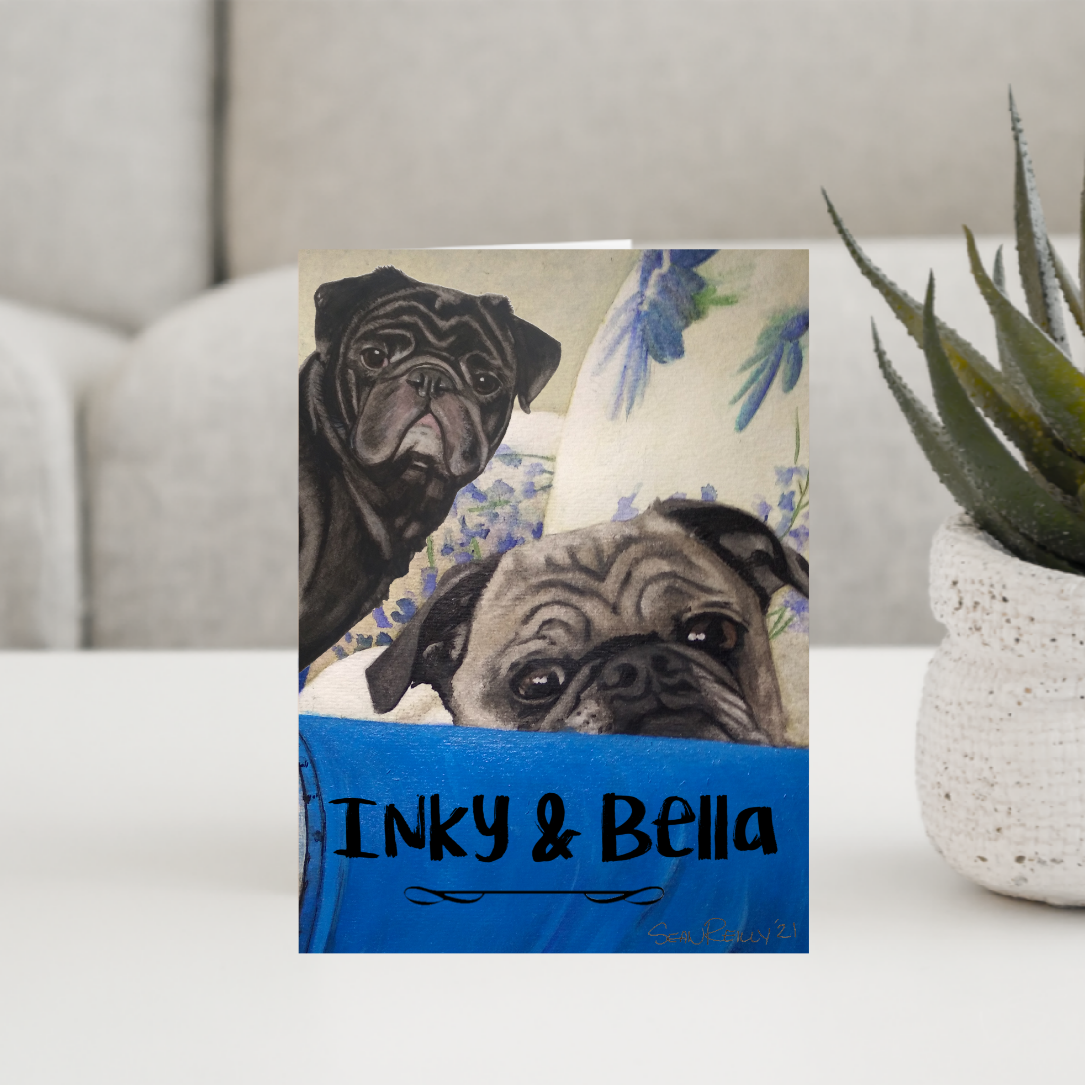 Custom (5" x 7") Pack of 10 Folded Cards (white envelopes) 2 Pugs. Personalized Pet Name; Pet Breed; or Personal Greeting.
