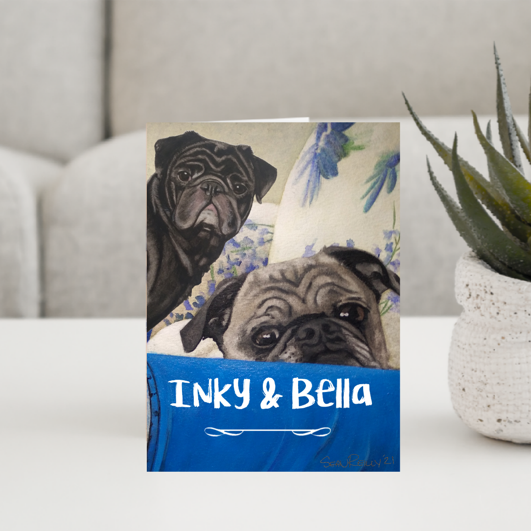 Custom (5" x 7") Pack of 10 Folded Cards (white envelopes) 2 Pugs. Personalized Pet Name; Pet Breed; or Personal Greeting.