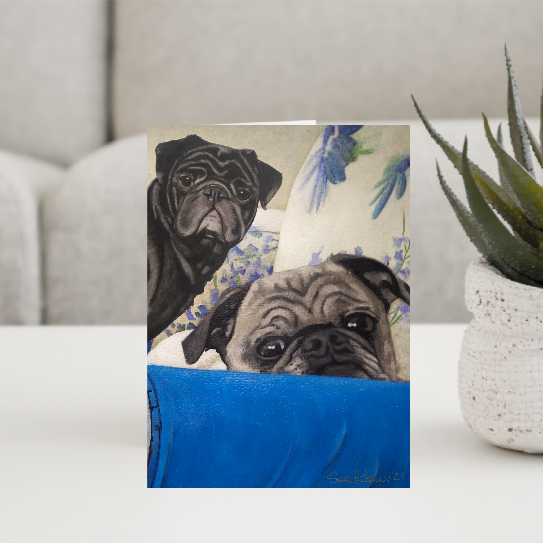Custom (5" x 7") Pack of 10 Folded Cards (white envelopes) 2 Pugs. Personalized Pet Name; Pet Breed; or Personal Greeting.