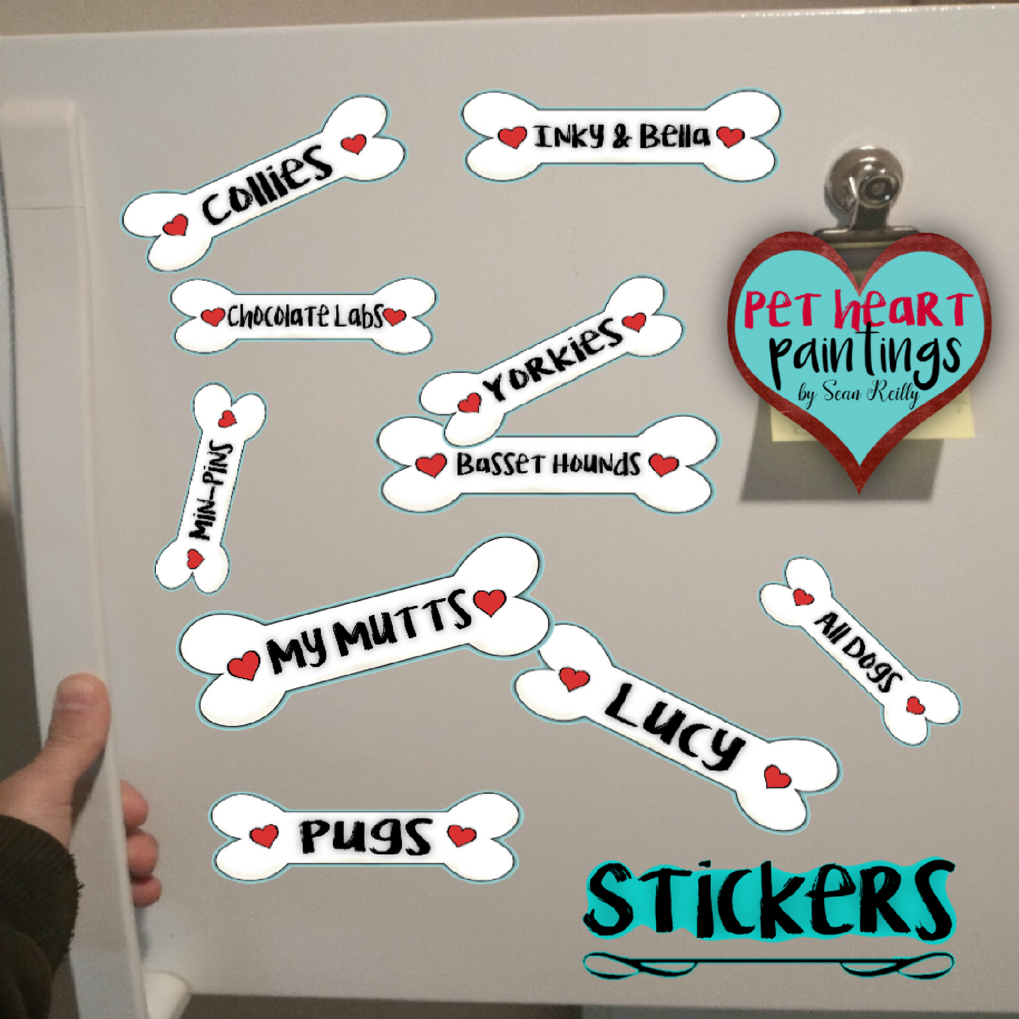 Custom Dog STICKERS (Bone & Hearts) Personalize Pet Name or Breed.