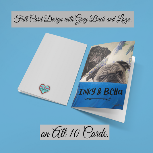 Custom (5" x 7") Pack of 10 Folded Cards (white envelopes) 2 Pugs. Personalized Pet Name; Pet Breed; or Personal Greeting.